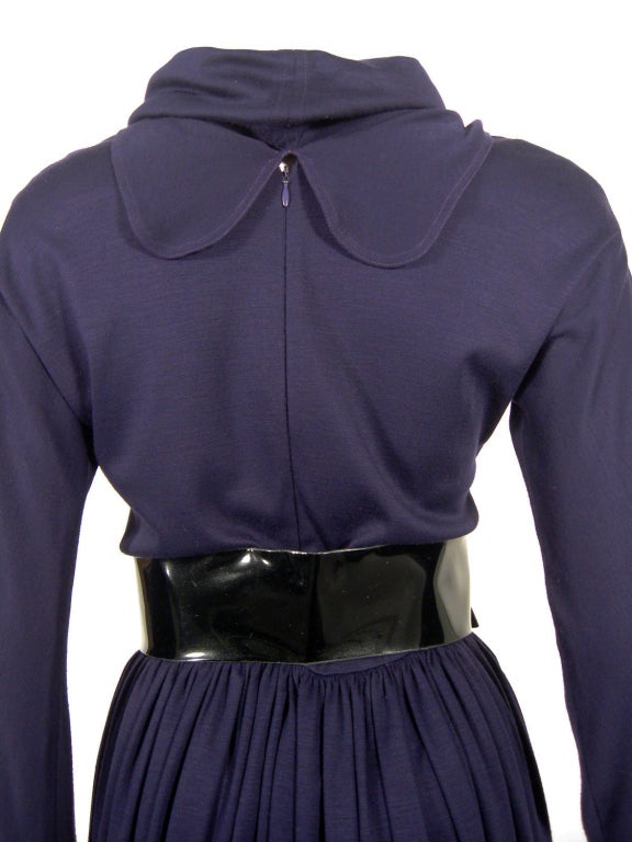 Geoffrey Beene Purple Wool Knit Cowl Neck Drape Dress & Wide Patent Belt For Sale 3