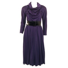 Geoffrey Beene Purple Wool Knit Cowl Neck Drape Dress & Wide Patent Belt 9