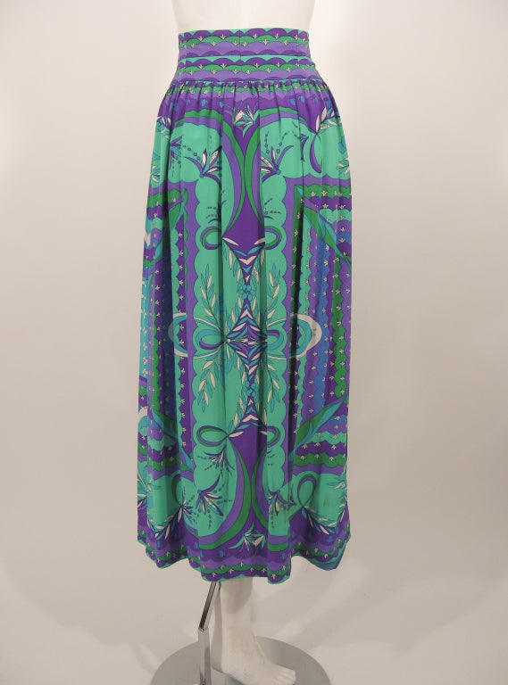 Emilio Pucci 1970s Turquoise & Purple Silk Print Blouse & Skirt Ensemble For Sale 2