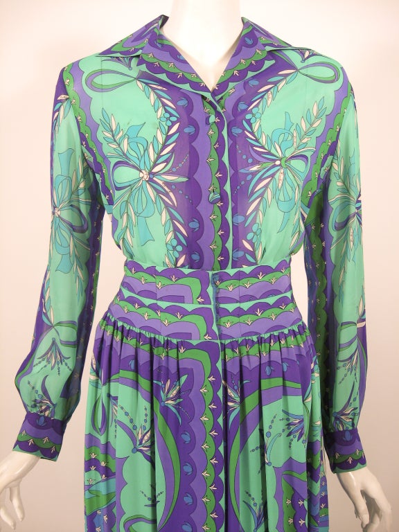 Blue Emilio Pucci 1970s Turquoise & Purple Silk Print Blouse & Skirt Ensemble For Sale