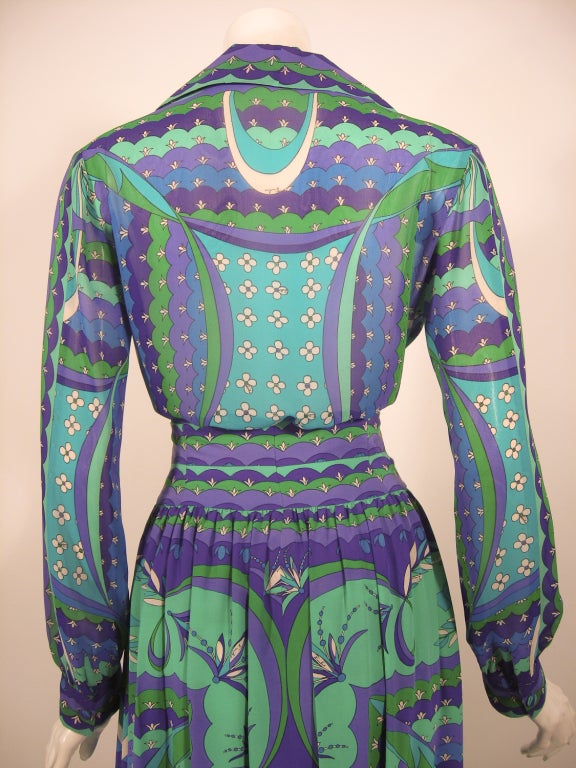 Emilio Pucci 1970s Turquoise & Purple Silk Print Blouse & Skirt Ensemble In Good Condition For Sale In Los Angeles, CA