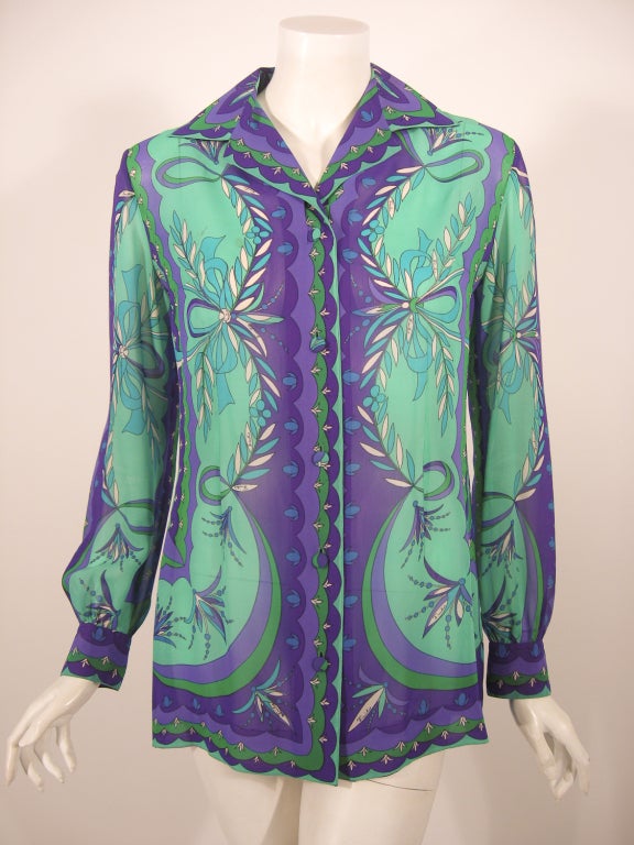 Women's Emilio Pucci 1970s Turquoise & Purple Silk Print Blouse & Skirt Ensemble For Sale