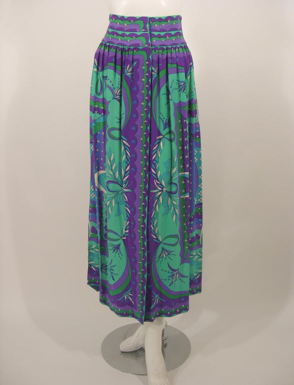 Emilio Pucci 1970s Turquoise & Purple Silk Print Blouse & Skirt Ensemble For Sale 1