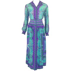 Emilio Pucci 1970, camicetta e gonna con stampa in seta turchese e viola