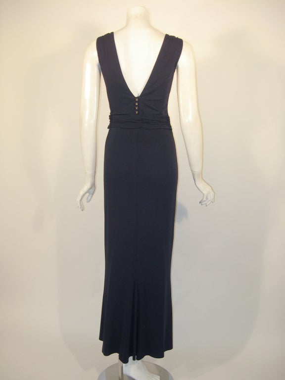 Chanel Navy Blue Sleeveless Jersey Evening Gown w/ Logo Buttons 1