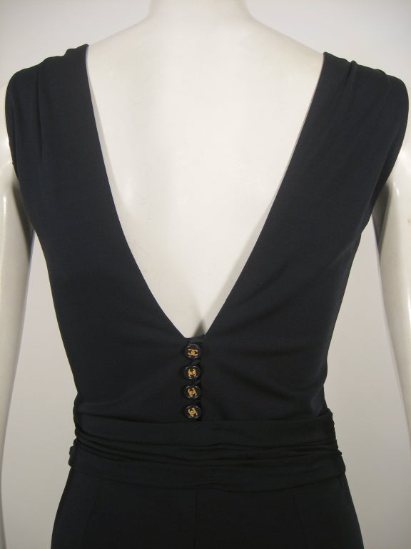 Chanel Navy Blue Sleeveless Jersey Evening Gown w/ Logo Buttons 4