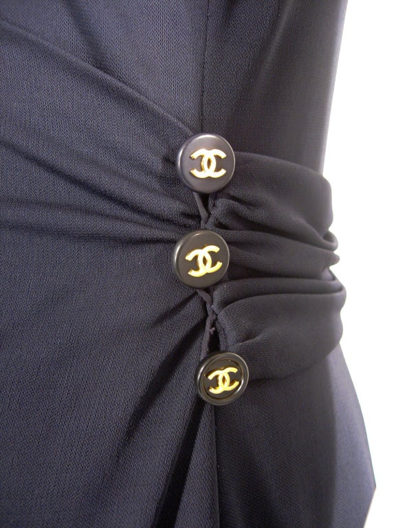 Chanel Navy Blue Sleeveless Jersey Evening Gown w/ Logo Buttons 5