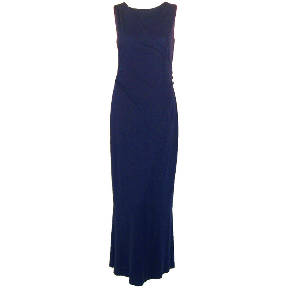 Chanel Navy Blue Sleeveless Jersey Evening Gown w/ Logo Buttons