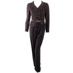 Retro Chanel 2pc Black Crepe Pant Suit with Double Breasted Blazer