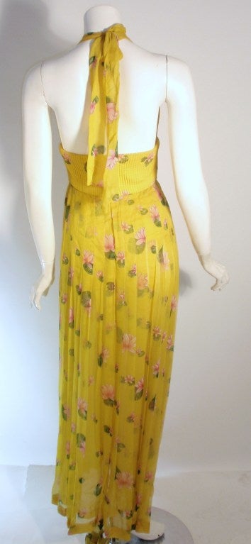 Brown Valentino Yellow with pink lotus flower print Silk chiffon Halter Gown 6