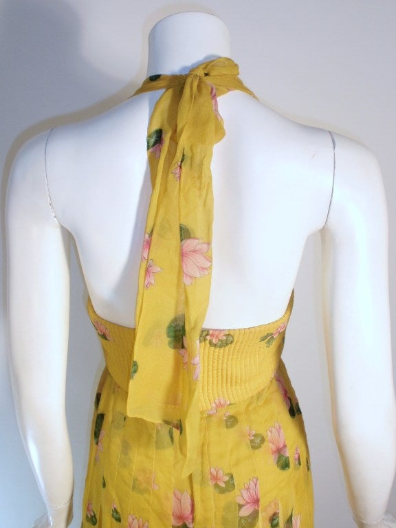 Valentino Yellow with pink lotus flower print Silk chiffon Halter Gown 6 In Excellent Condition In Los Angeles, CA