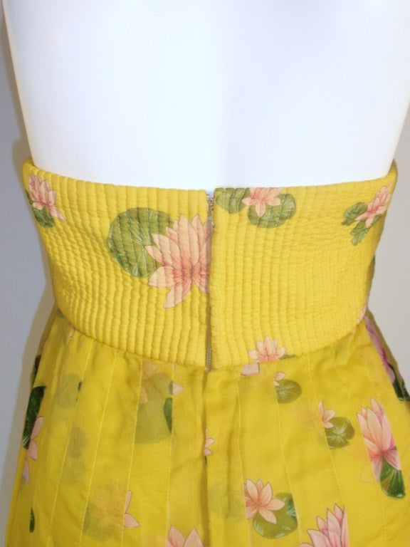 Women's Valentino Yellow with pink lotus flower print Silk chiffon Halter Gown 6