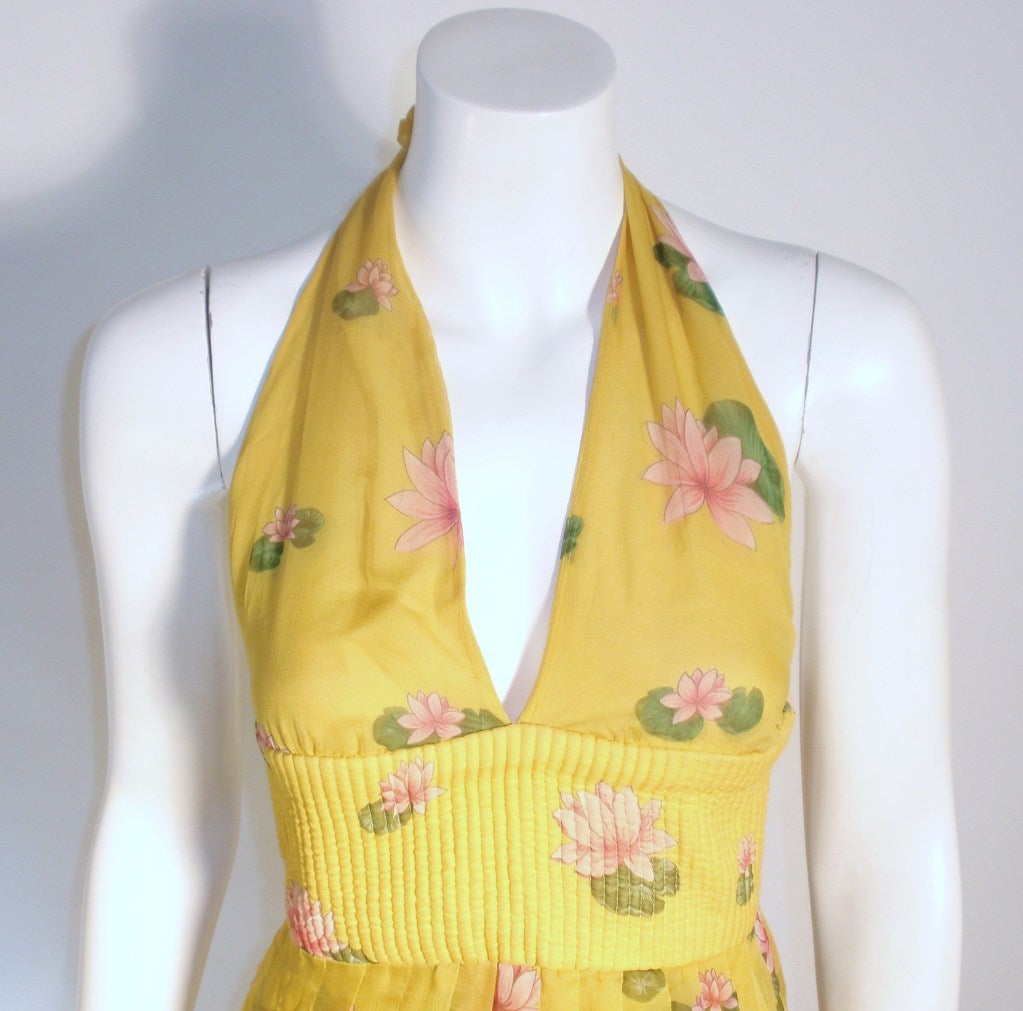 Valentino Yellow with pink lotus flower print Silk chiffon Halter Gown 6 1