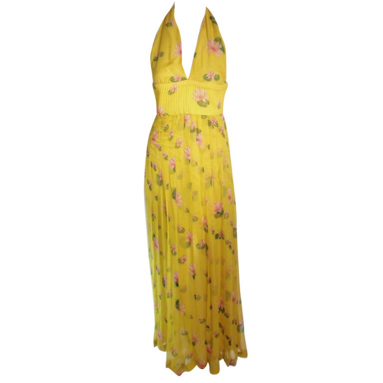 Valentino Yellow with pink lotus flower print Silk chiffon Halter Gown 6
