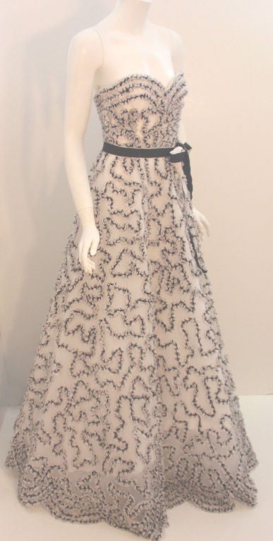Oscar de la Renta White and Black Strapless Gown, 1990's 1