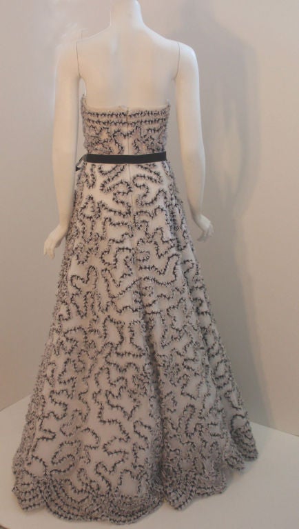 Oscar de la Renta White and Black Strapless Gown, 1990's 2