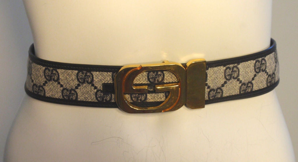 Women's Gucci Navy Blue and White Monogram Belt w/Gold 