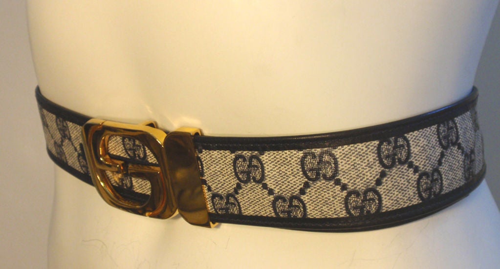 Gucci Navy Blue and White Monogram Belt w/Gold 
