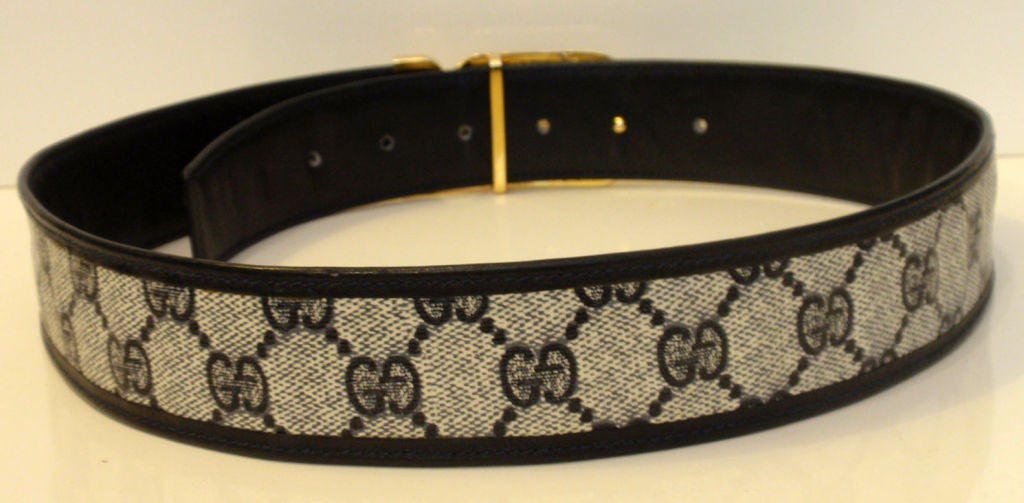 Gucci Navy Blue and White Monogram Belt w/Gold 