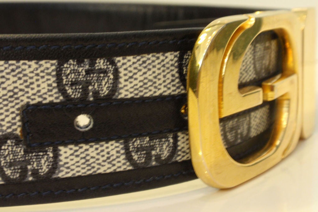 Gucci Navy Blue and White Monogram Belt w/Gold 