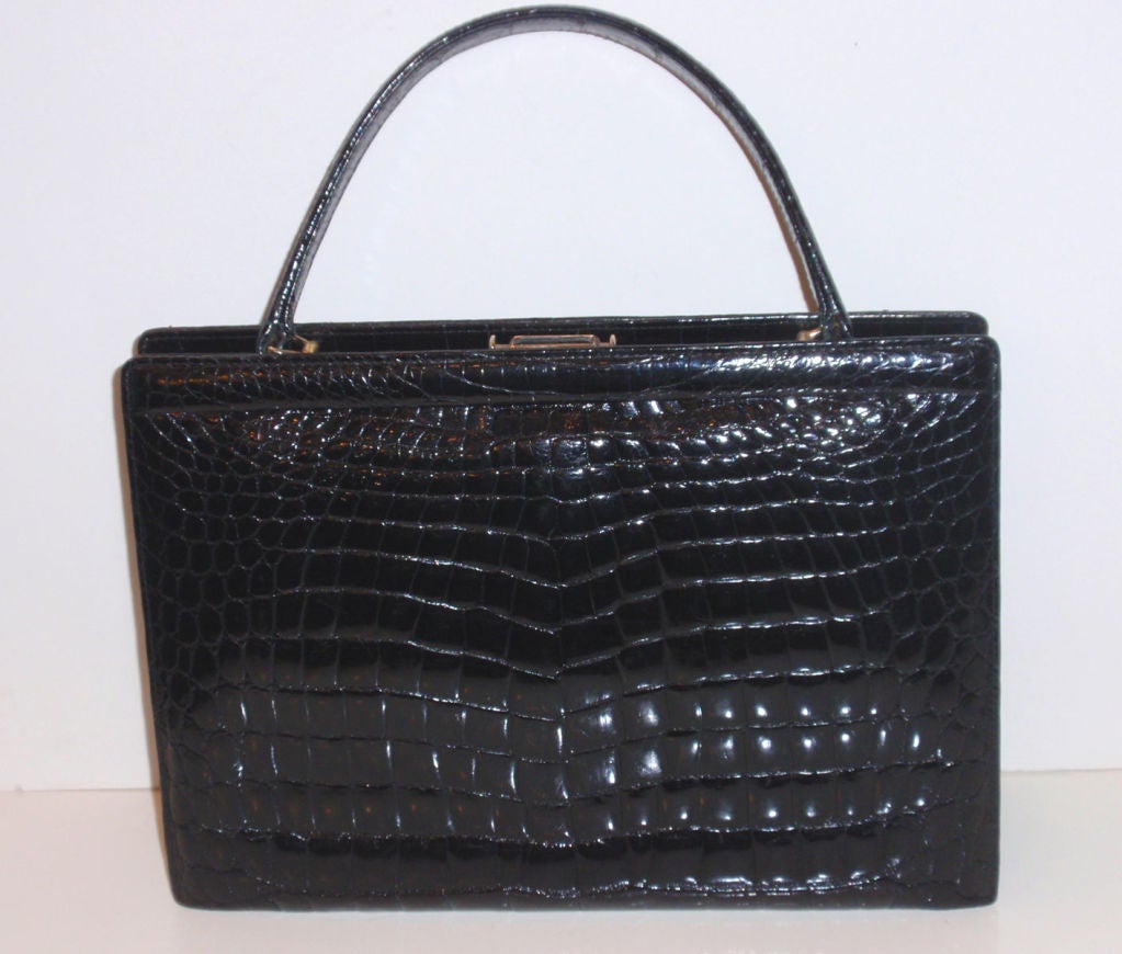 Vintage Square Black Baby Crocodile Handbag, Circa 1950 at 1stDibs
