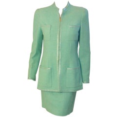 Retro Chanel 2pc Lite Blue/Green Jacket and Skirt Set, Circa 1990