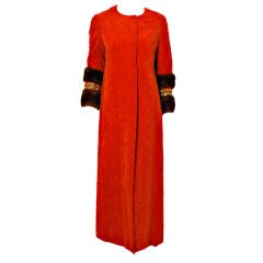 Bill Blass Long Orange Crushed Velvet Coat with Fur Cuffs