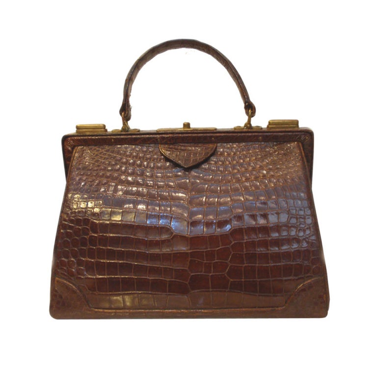Vintage Nettie Rosenstien Brown Crocodile Handbag, Circa 1950