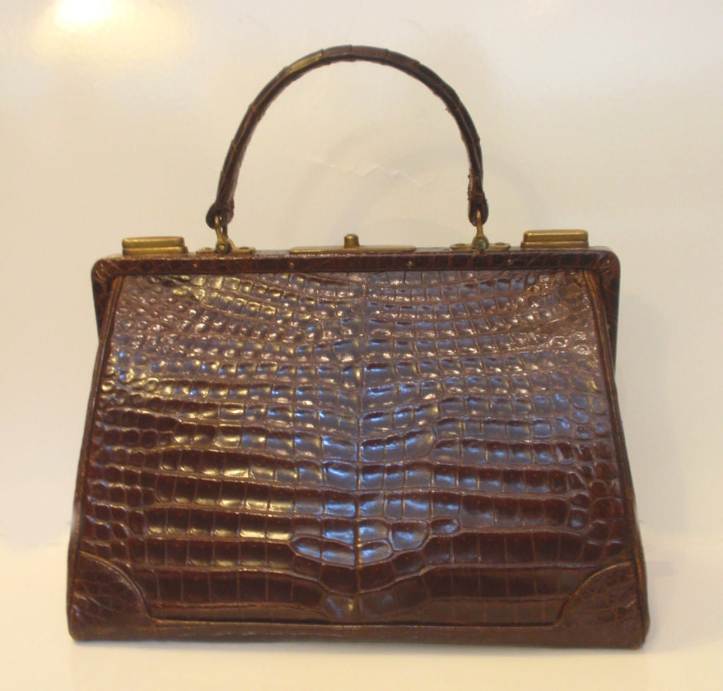 Vintage Nettie Rosenstien Brown Crocodile Handbag, Circa 1950 2