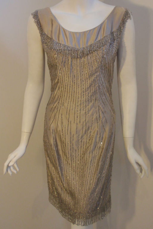 Brown Ceil Chapman 1950's Champagne Silk Hand Beaded Shimmering Cocktail Dress For Sale