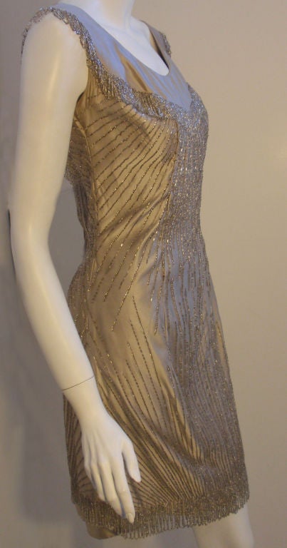 Ceil Chapman 1950's Champagne Silk Hand Beaded Shimmering Cocktail Dress In Excellent Condition For Sale In Los Angeles, CA