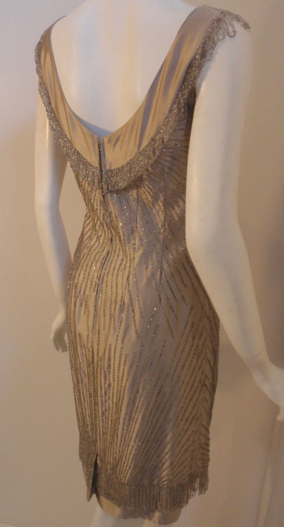 Women's Ceil Chapman 1950's Champagne Silk Hand Beaded Shimmering Cocktail Dress For Sale