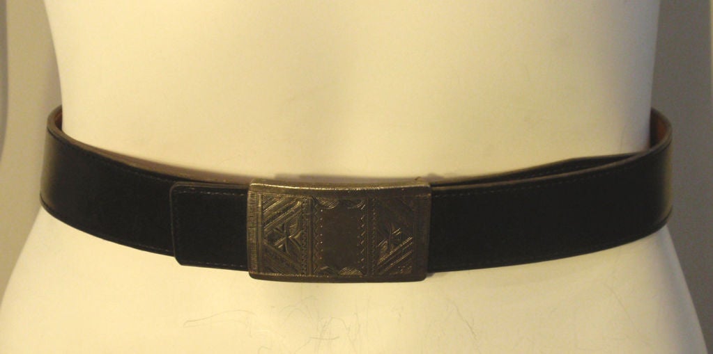 Women's Hermes Men's Black Leather Belt with Sterling Silver Buckle