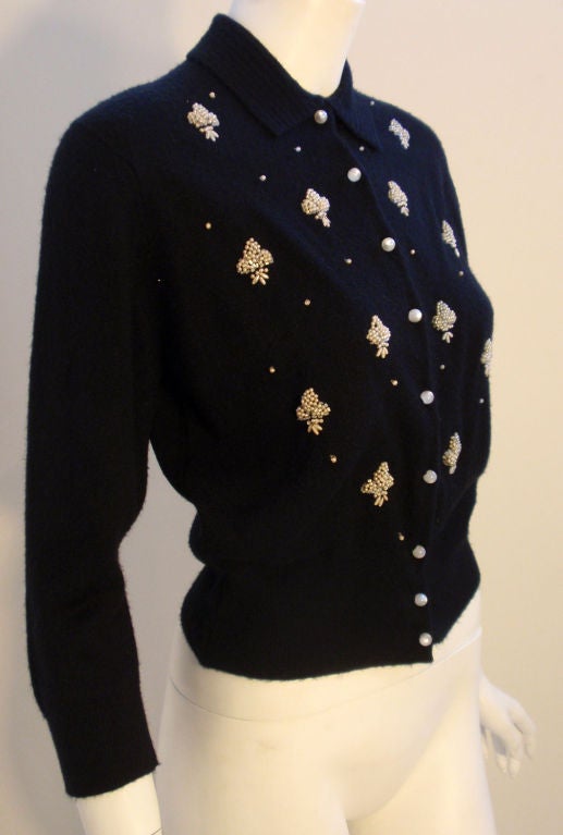 Women's Schiaparelli Black Cashmere Sweater with Beading, Circa 1950