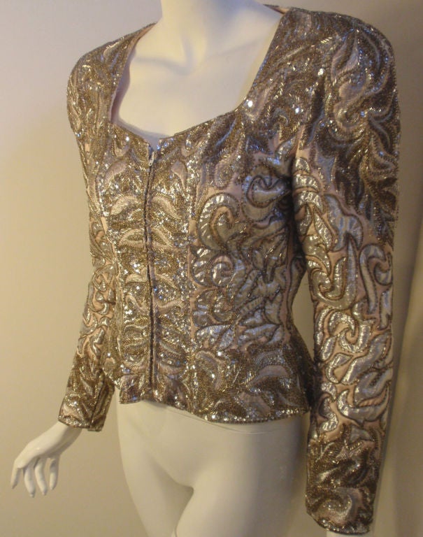 Marrone Giacca da sera Laclede's Lite Pink in seta con perline, circa 1980 in vendita