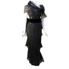 Vintage John Anthony Black Tulle Gown with Sequins and Wrap, Circa 1980