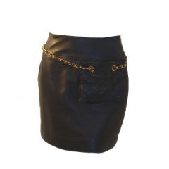 Vintage Chanel Black Leather Mini Skirt w/Gold Chain, Circa 1990