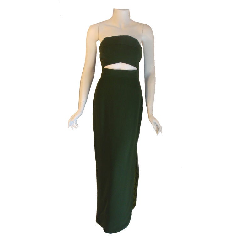 Galanos Dark Green Strapless Evening Gown, 1970
s