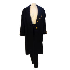 Vintage Chanel Navy Blue Wool Coat and Pants, Circa 1980
