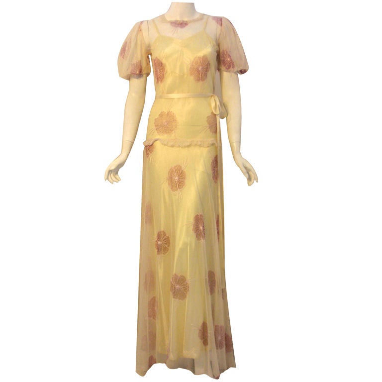 1930's Custom 2pc Long Cream Dress w/Embroidered Flowers & Slip For Sale