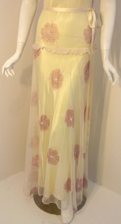 Beige 1930's Custom 2pc Long Cream Dress w/Embroidered Flowers & Slip For Sale