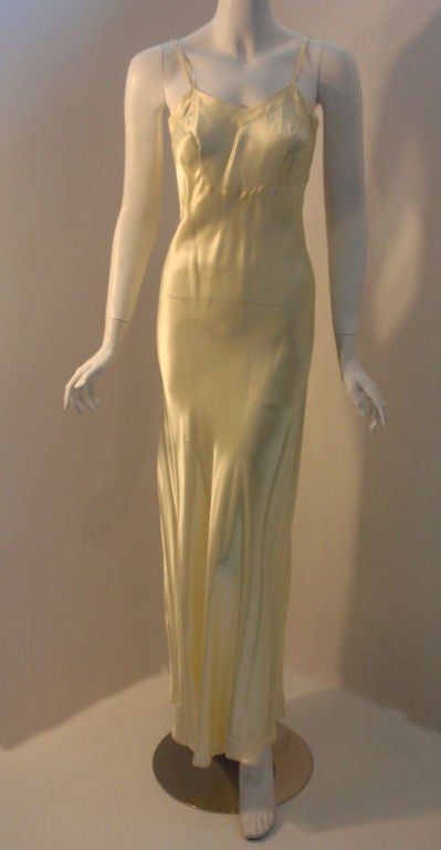 Women's 1930's Custom 2pc Long Cream Dress w/Embroidered Flowers & Slip For Sale