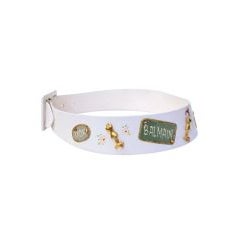 Calderon for Saks 5th Ave Novelty Belt, White Leather w/ Designer Lables 6