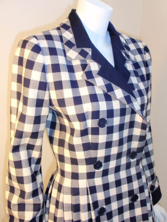 Black Givenchy Navy and Cream Plaid Wool Fitted Flared Coat Dress, Circa 1980s For Sale