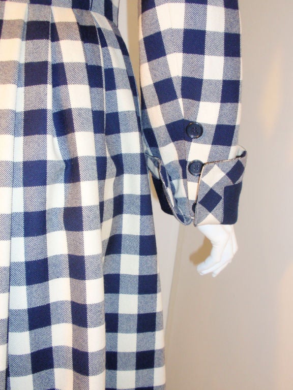 Givenchy Navy and Cream Plaid Wool Fitted Flared Coat Dress, Circa 1980s In Excellent Condition For Sale In Los Angeles, CA