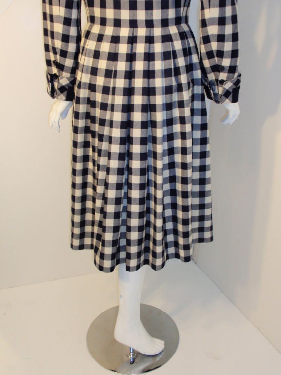 Women's Givenchy Navy and Cream Plaid Wool Fitted Flared Coat Dress, Circa 1980s For Sale