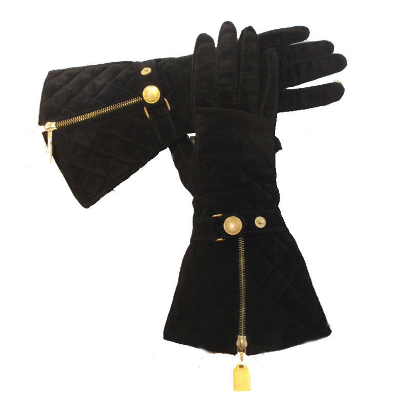 Chanel Black Quilted Suede Elbow Length Gloves, Circa 1990