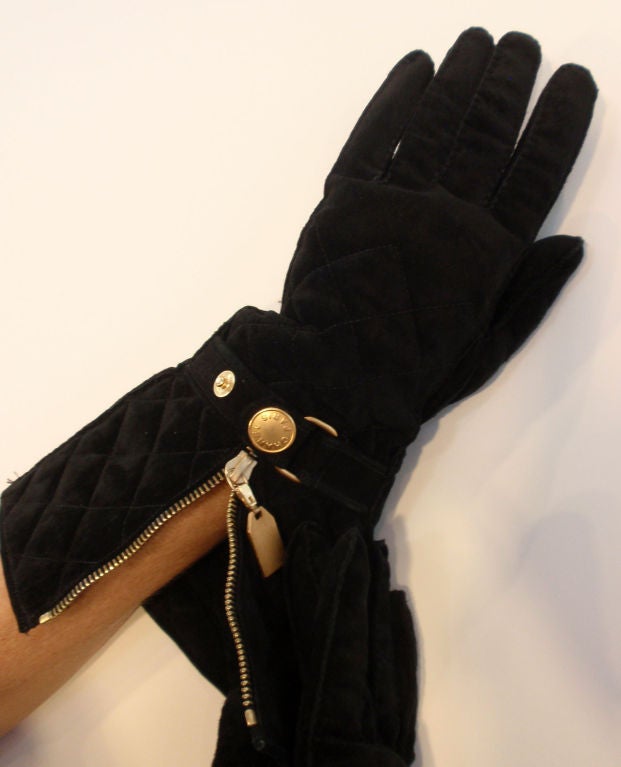 Chanel Black Quilted Suede Elbow Length Gloves, Circa 1990 1