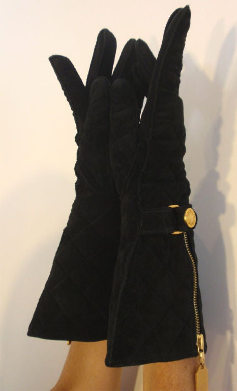 Chanel Black Quilted Suede Elbow Length Gloves, Circa 1990 2