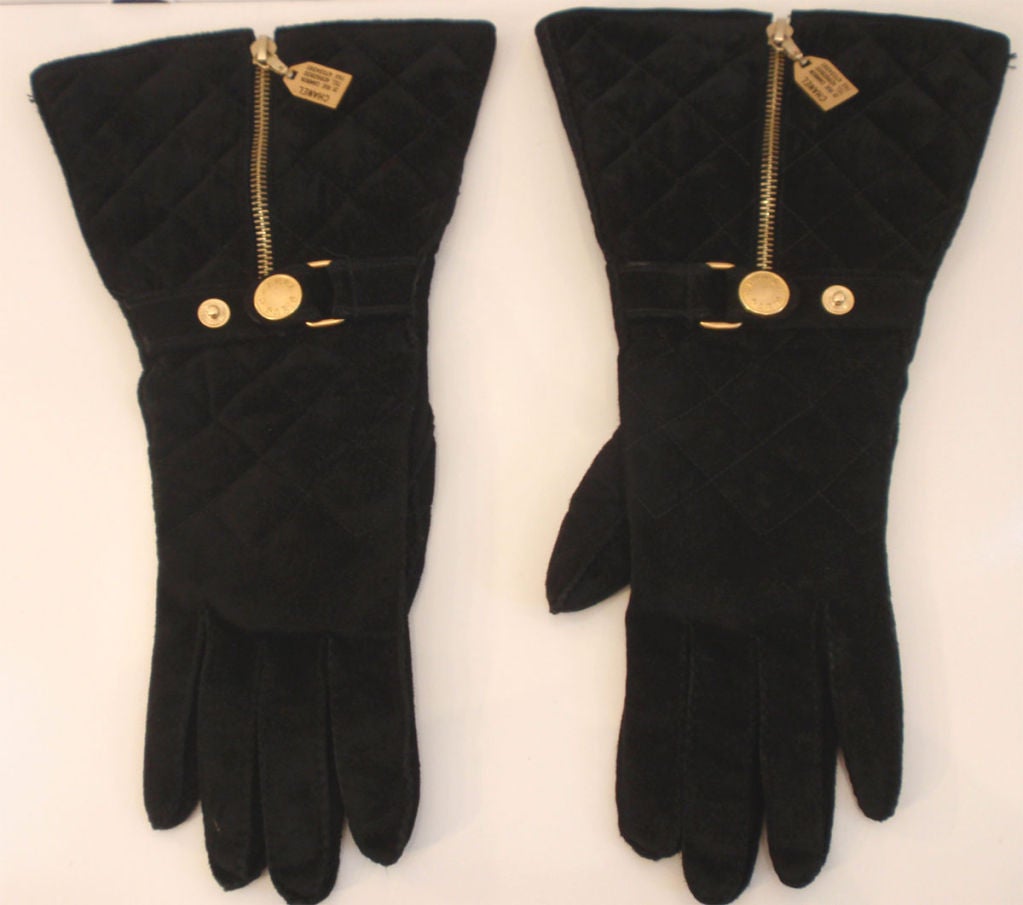 Chanel Black Quilted Suede Elbow Length Gloves, Circa 1990 at 1stdibs